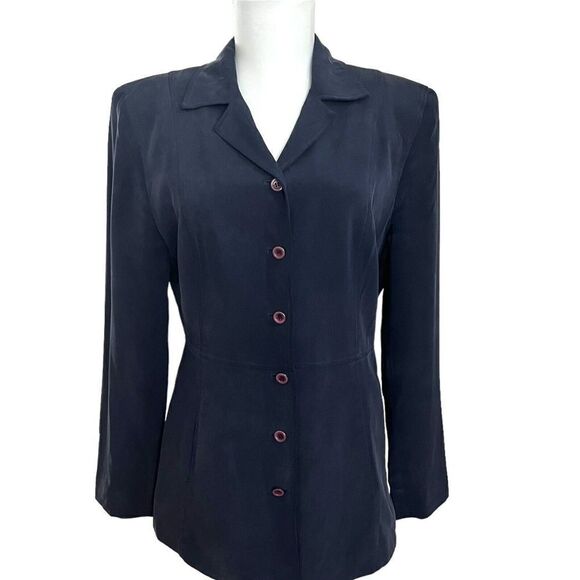 Vintage Classics by Finity Silk Blazer Navy Blue Jacket cinch waist Size 6 - Picture 1 of 10